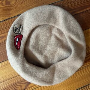 vintage wool Beige Beret with Red Lip Embroidery-crafted by local artisans